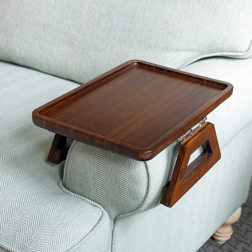 Bamboo Trayble Couch Arm Table, Clip on Tray Sofa Table for Couches. Sofa Arm Tray, Armchair Table for TV Dinners, Remotes, Drinks and Snacks - 13.75 X 9.5Inch, Brown | Clip on Tray, Sofa Table, Sofa Arm Tray, Armchair Table, TV Dinners, Remotes